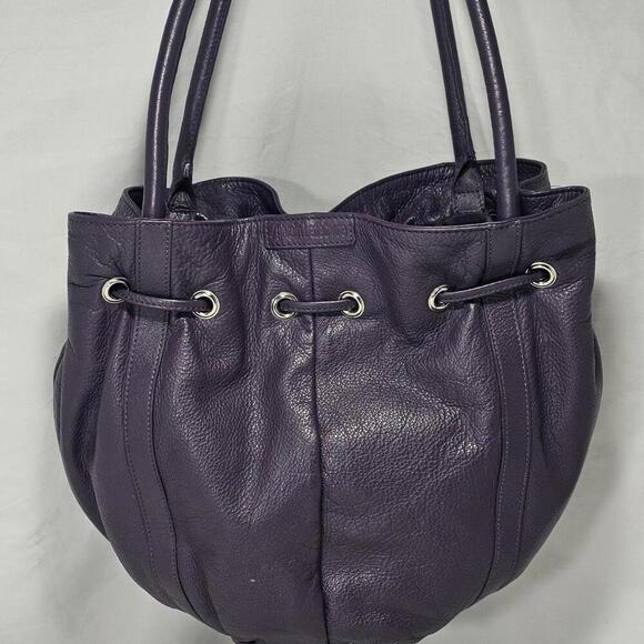 Vintage Sylvain Lefebvre Purple Leather Shoulder Bag Purse Drawstring Tassels - Picture 2 of 15